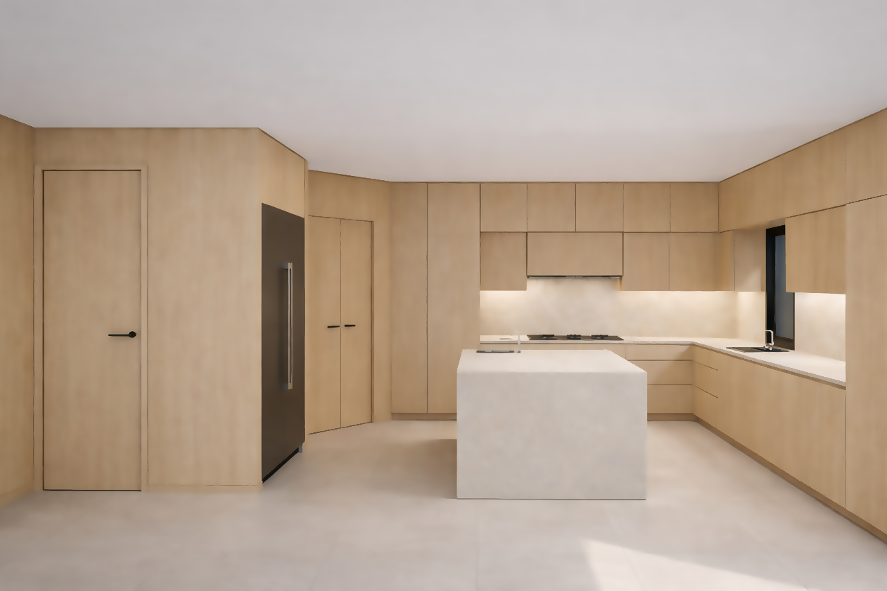 Oak kitchen with a stone island and concealed cabinetry